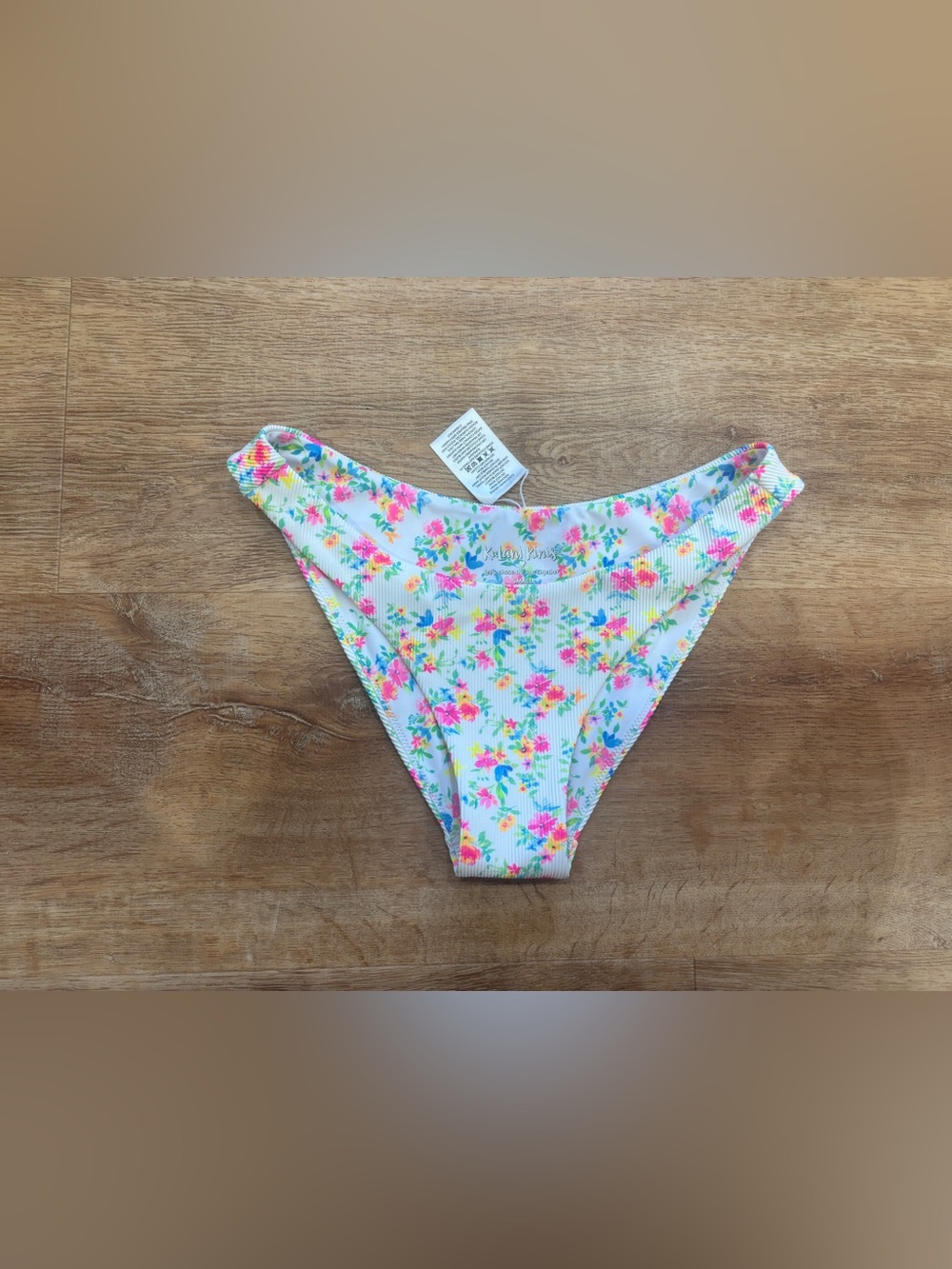 Kulani Kinis White Bikini Bottom with Pink, Yellow & Aqua Floral Print